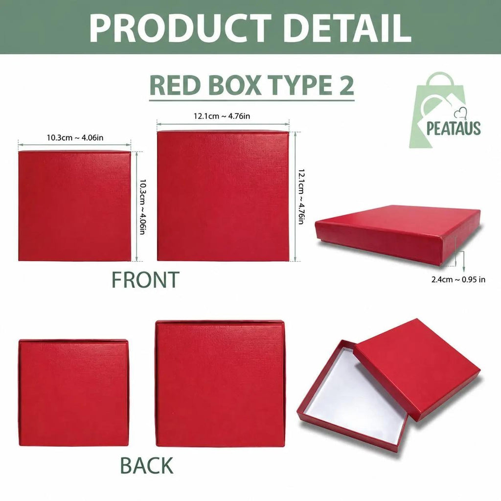 May include: A red square box labeled RED BOX TYPE 2 with dimensions shown. The front view shows 10.3cm by 10.3cm and 12.1cm by 12.1cm sizes. The side view shows a 2.4cm height. The back view shows the box closed and open with a white interior.