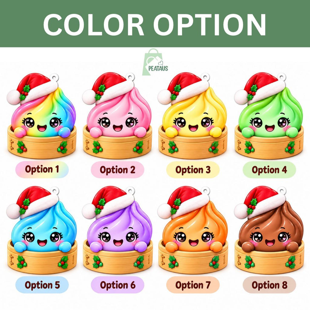 May include: Eight decorative ornaments featuring cartoon-style swirled figures in rainbow, pink, yellow, green, blue, purple, orange, and brown colors. Each figure wears a red and white Santa hat and sits inside a light brown bamboo steamer basket.