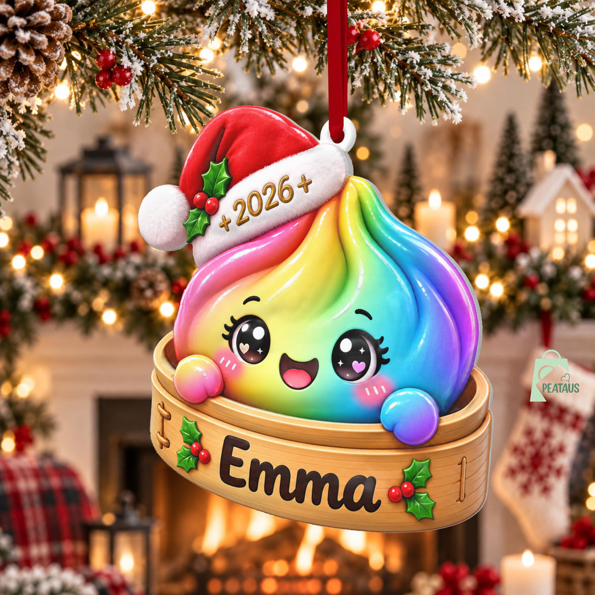 May include: A rainbow-colored dumpling ornament with a smiling face, wearing a red and white Santa hat with the text 2026. The dumpling sits in a light brown bamboo steamer basket featuring the name Emma and green holly leaf accents.
