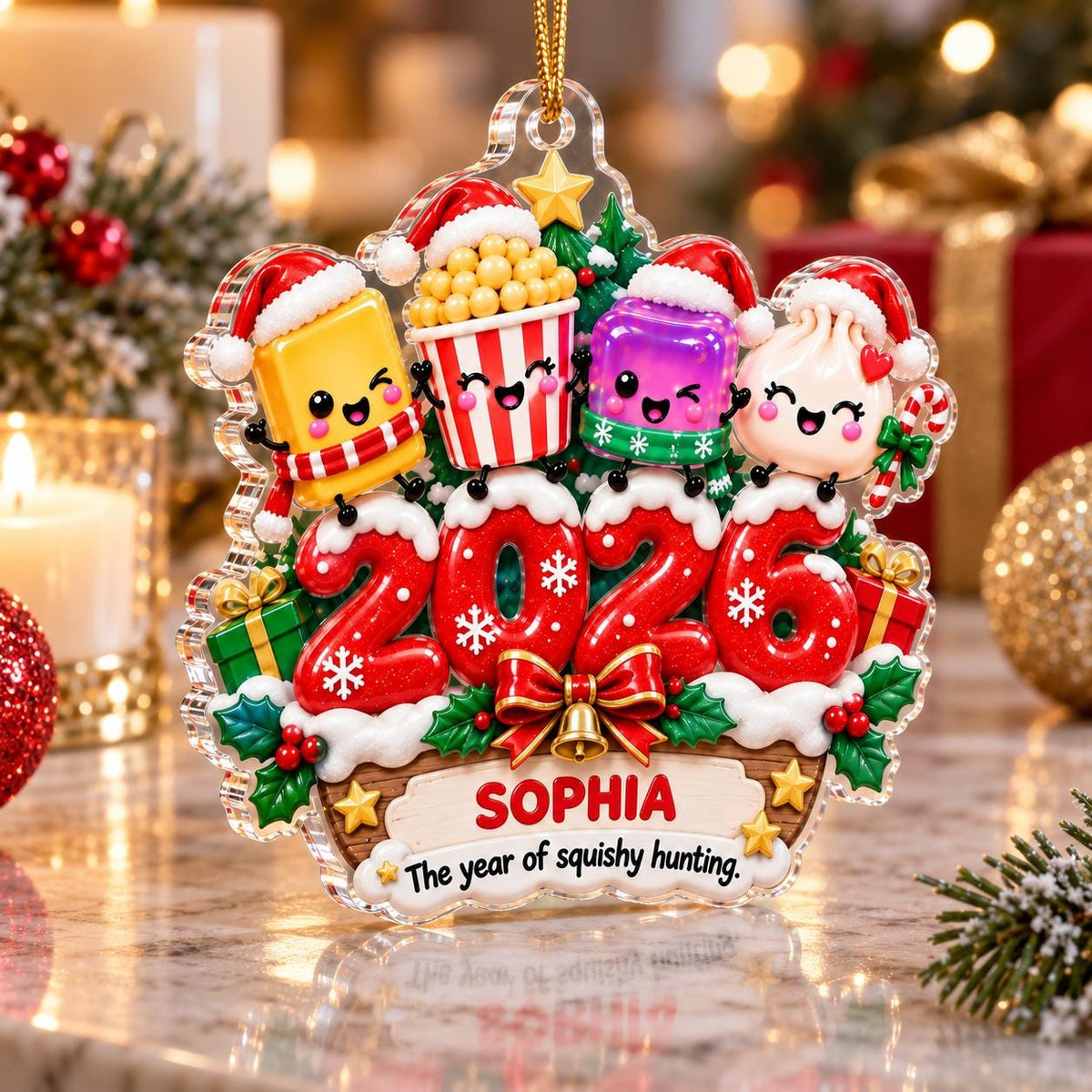 May include: A clear acrylic Christmas ornament featuring the year 2026 in red, decorated with four cartoon characters wearing Santa hats, green holly, and a gold bell. A banner at the bottom displays the name SOPHIA and The year of squishy hunting.