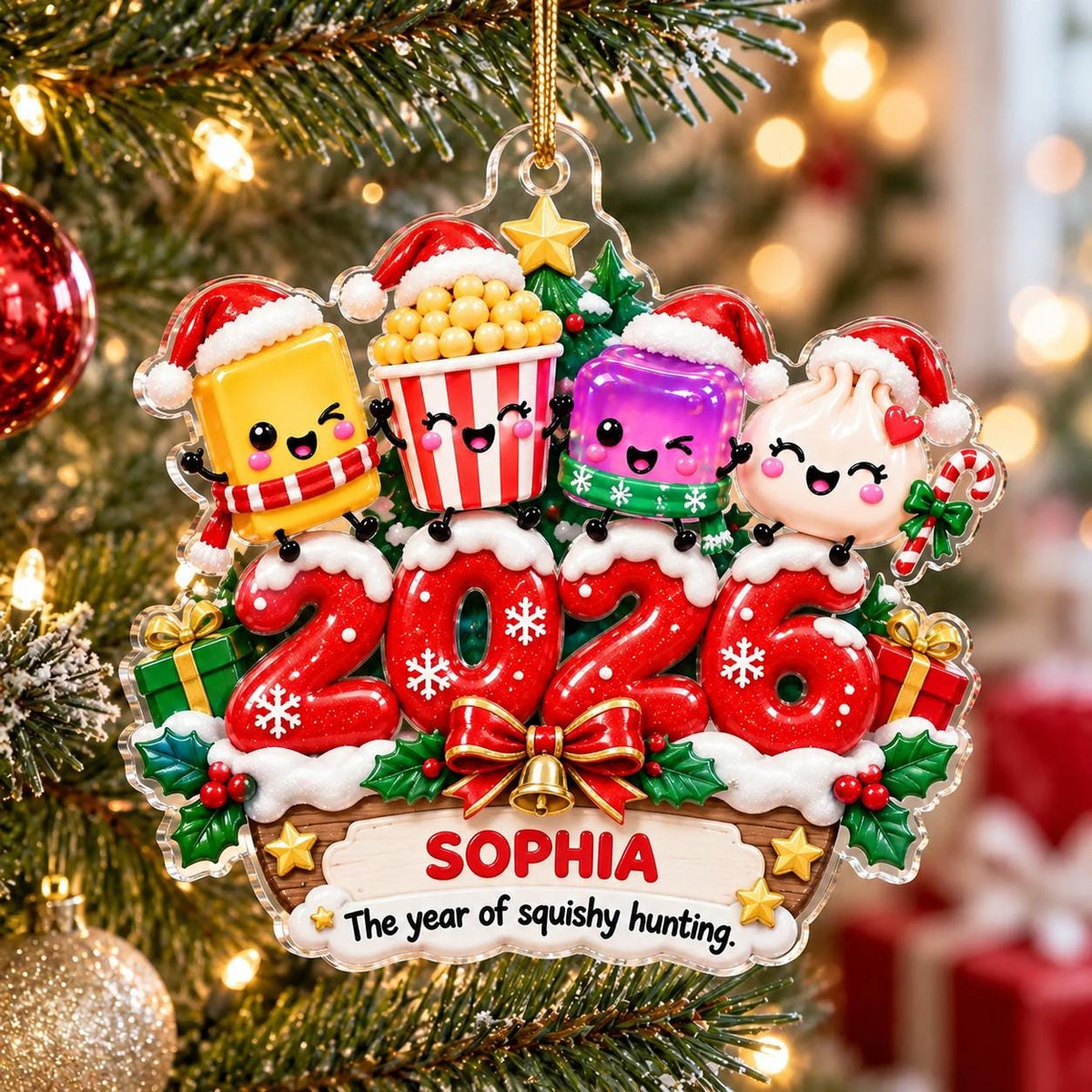 May include: A clear acrylic Christmas ornament featuring four cartoon characters wearing Santa hats above the red glittery numbers 2026. The base displays the name SOPHIA and the text The year of squishy hunting, accented with green holly and a gold bell.