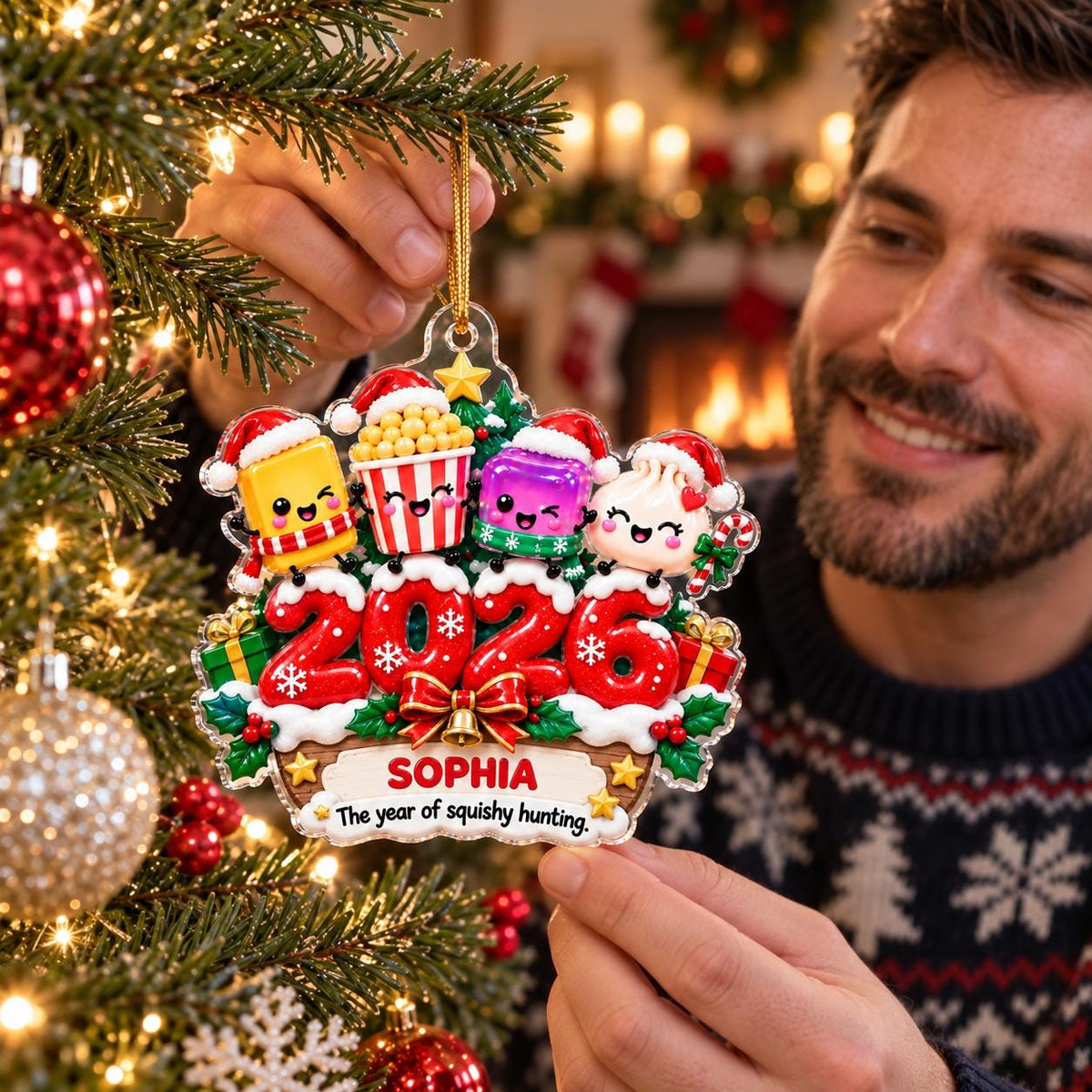 May include: A clear acrylic Christmas ornament featuring four cartoon characters in Santa hats above the red numbers 2026. The base displays the name SOPHIA and the text The year of squishy hunting. It includes a gold hanging cord and festive details.