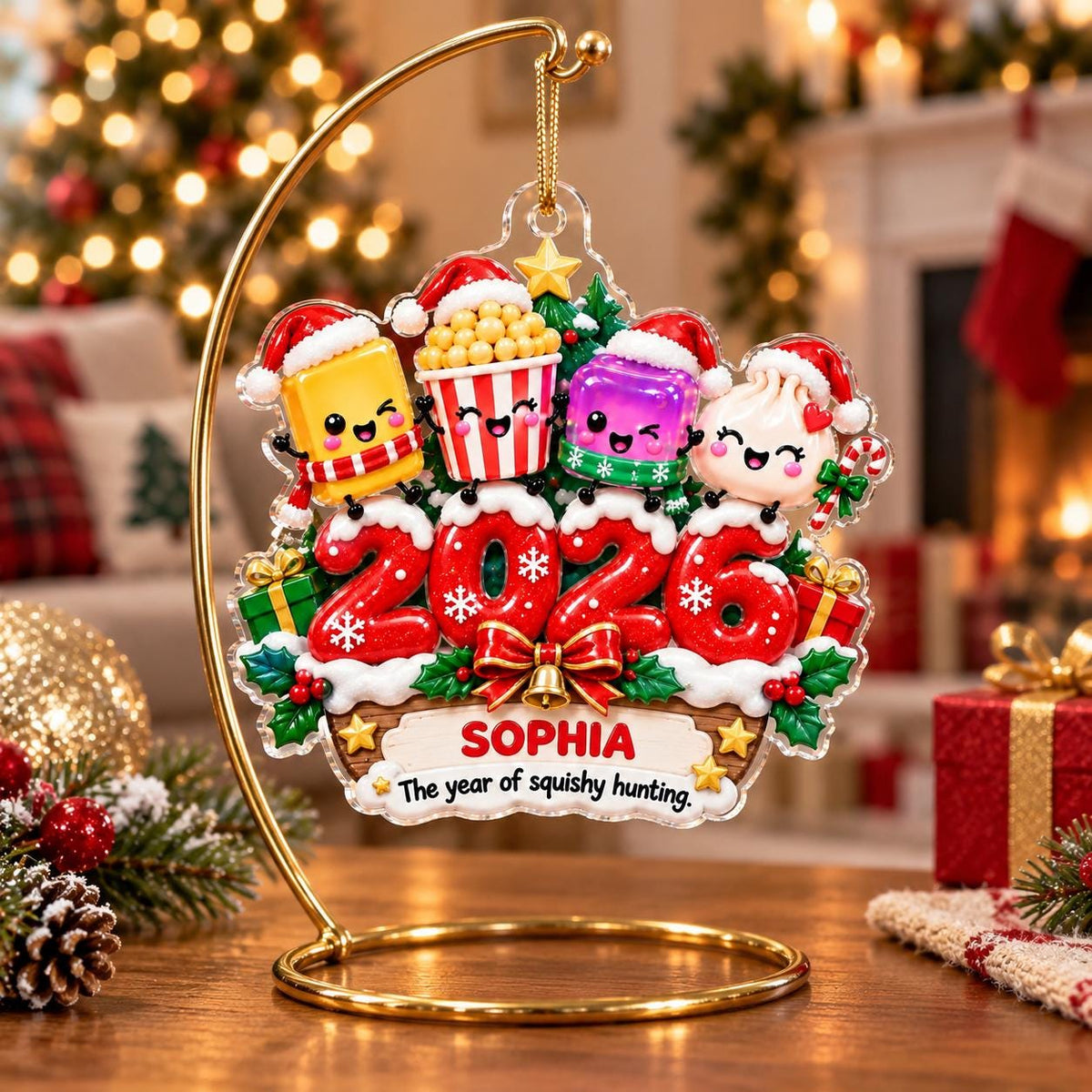 May include: A hanging Christmas ornament on a gold metal stand featuring four cartoon characters wearing Santa hats above the red numbers 2026. The ornament includes a banner with the name SOPHIA and the text The year of squishy hunting.