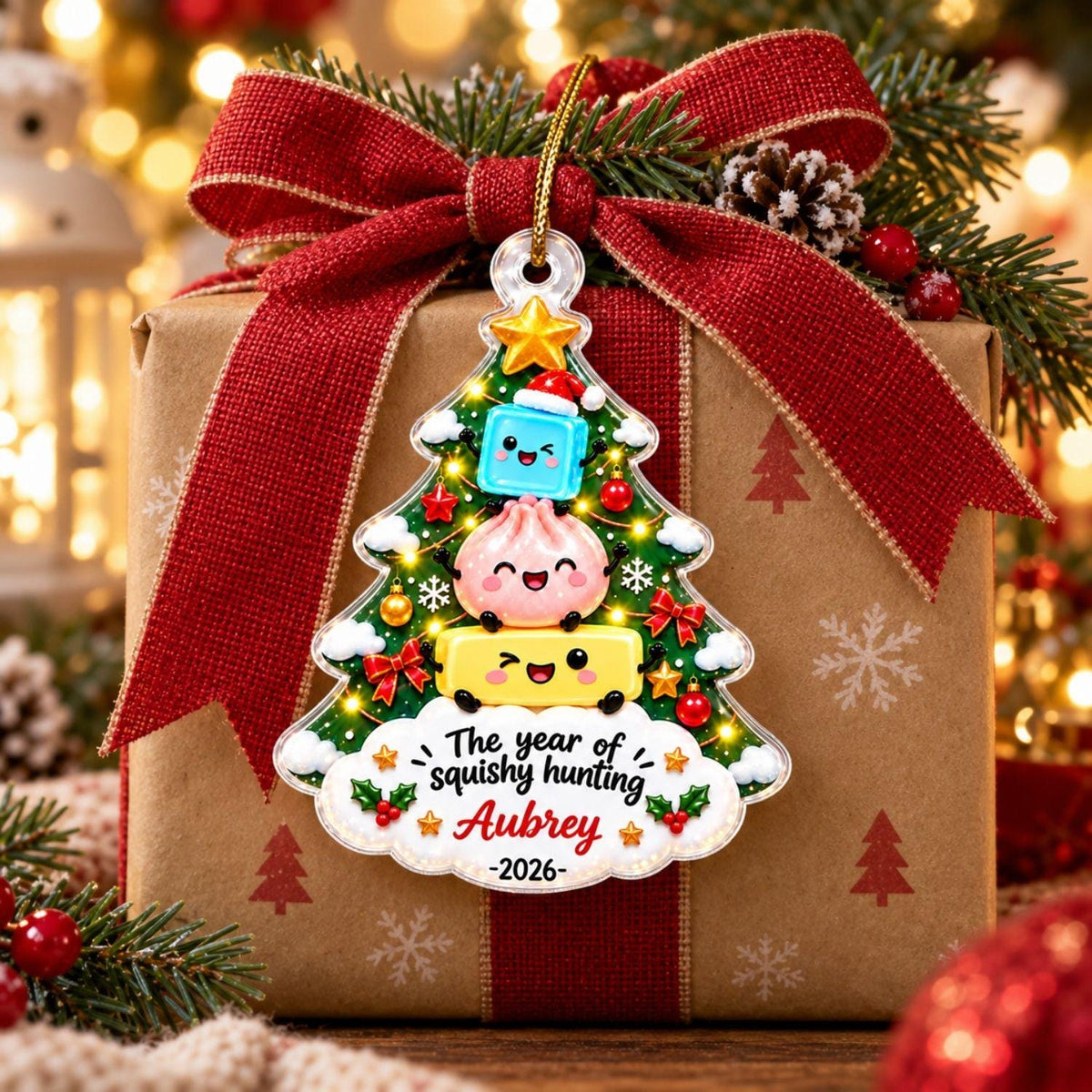 May include: A Christmas tree-shaped ornament featuring a yellow star, a blue cube, a pink dumpling, and a yellow rectangle with faces. The text reads The year of squishy hunting Aubrey -2026-. It is decorated with red bows, green holly, and small lights.