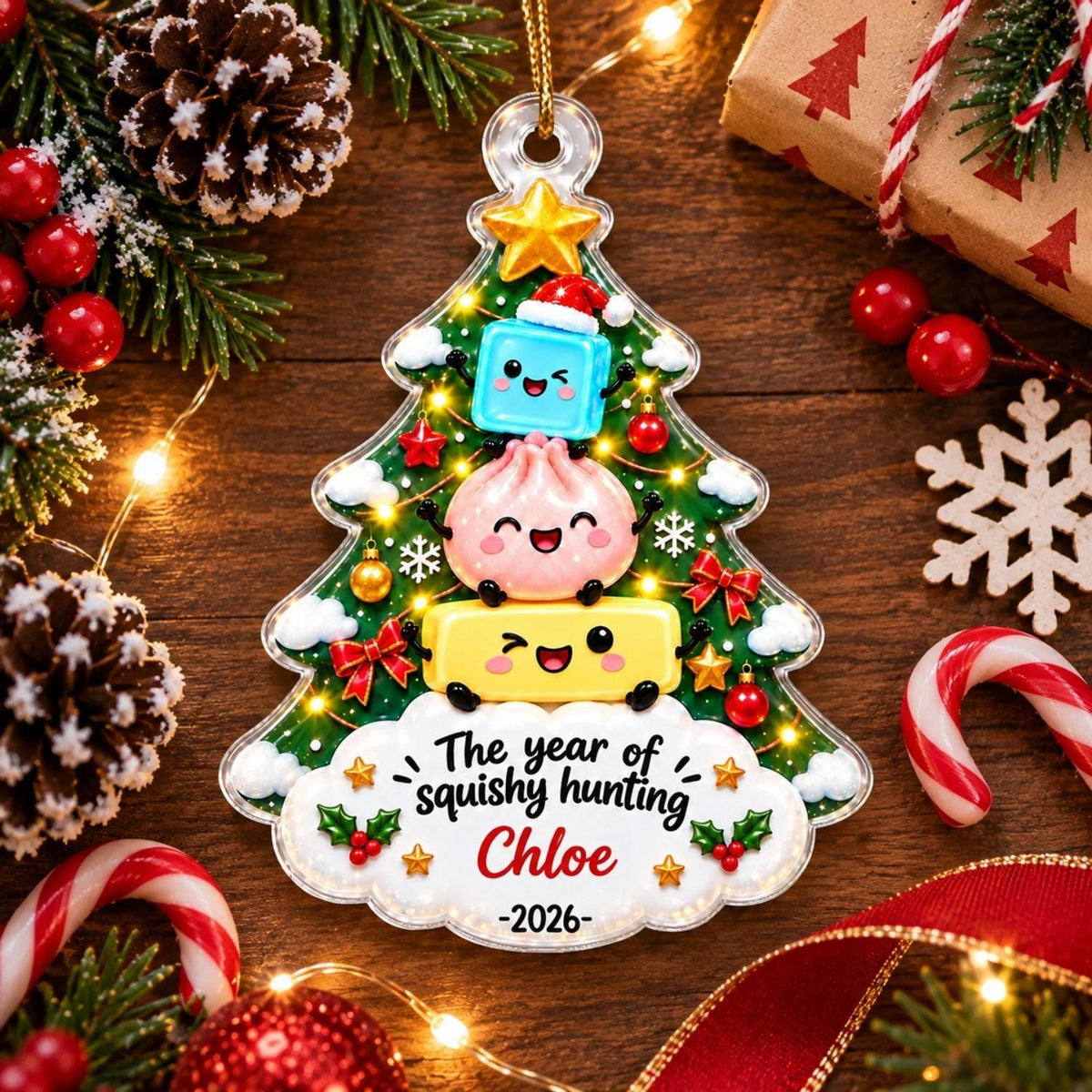 May include: A clear, tree-shaped Christmas ornament featuring a stack of three cute, smiling characters: a blue cube in a Santa hat, a pink dumpling, and a yellow rectangle. The ornament displays the text 'The year of squishy hunting Chloe -2026-'.