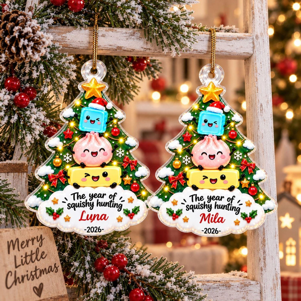 May include: Two Christmas tree-shaped ornaments featuring a gold star topper, a blue square, a pink round character, and a yellow rectangular character. The text reads The year of squishy hunting, with the names Luna and Mila and the year 2026.