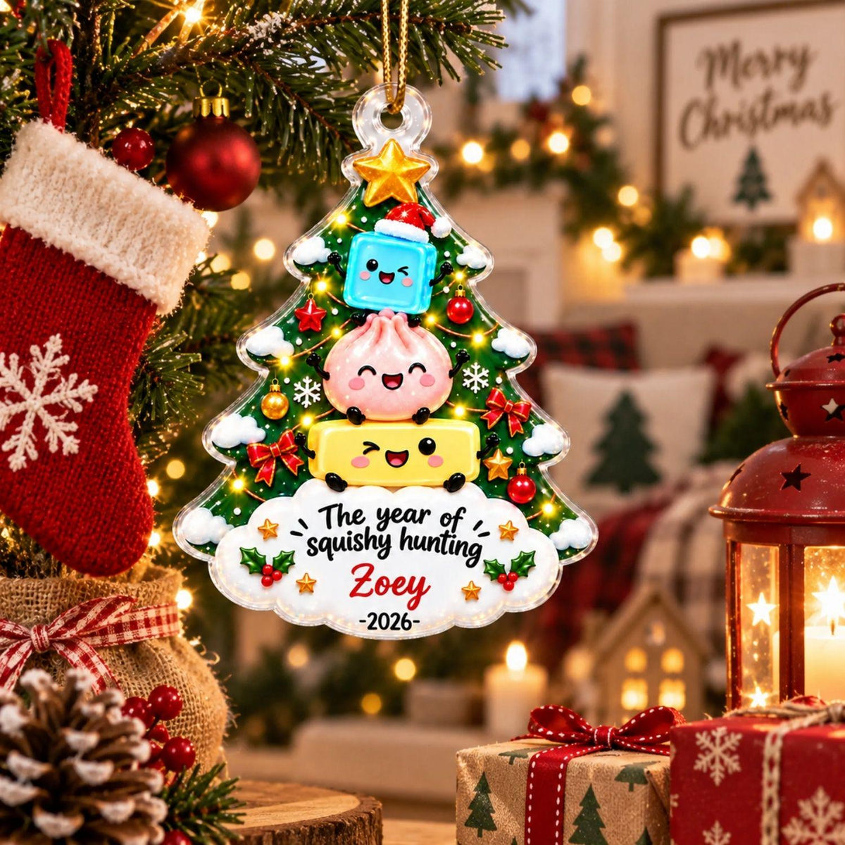 May include: A clear, tree-shaped Christmas ornament featuring a yellow star at the top, a blue square, a pink dumpling, and a yellow rectangle with faces. The text reads, The year of squishy hunting, Zoey, 2026. It is decorated with red bows and green holly.