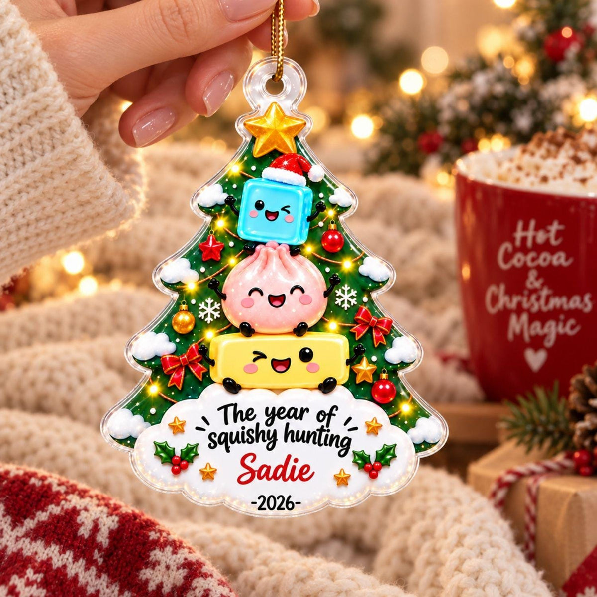 May include: A Christmas tree-shaped acrylic ornament featuring a green tree decorated with small lights, red bows, and three cartoon characters. The text reads: The year of squishy hunting, Sadie, 2026. It includes a gold hanging loop at the top.