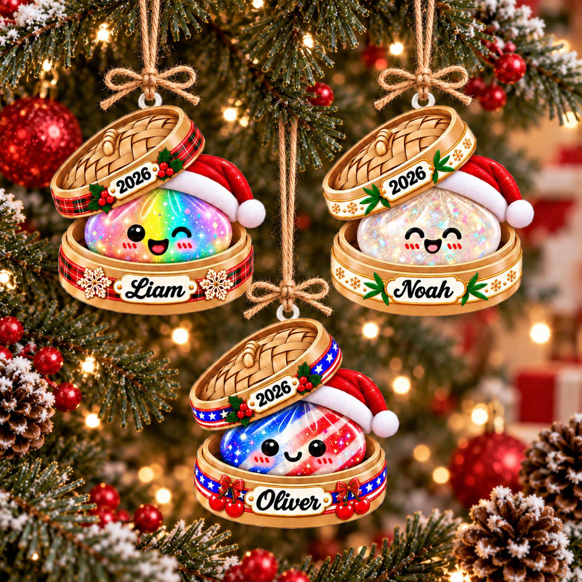 May include: Three round Christmas ornaments shaped like bamboo steamer baskets, each containing a smiling dumpling wearing a Santa hat. The ornaments feature the year 2026 and the names Liam, Noah, and Oliver, with colorful patterns and festive accents.