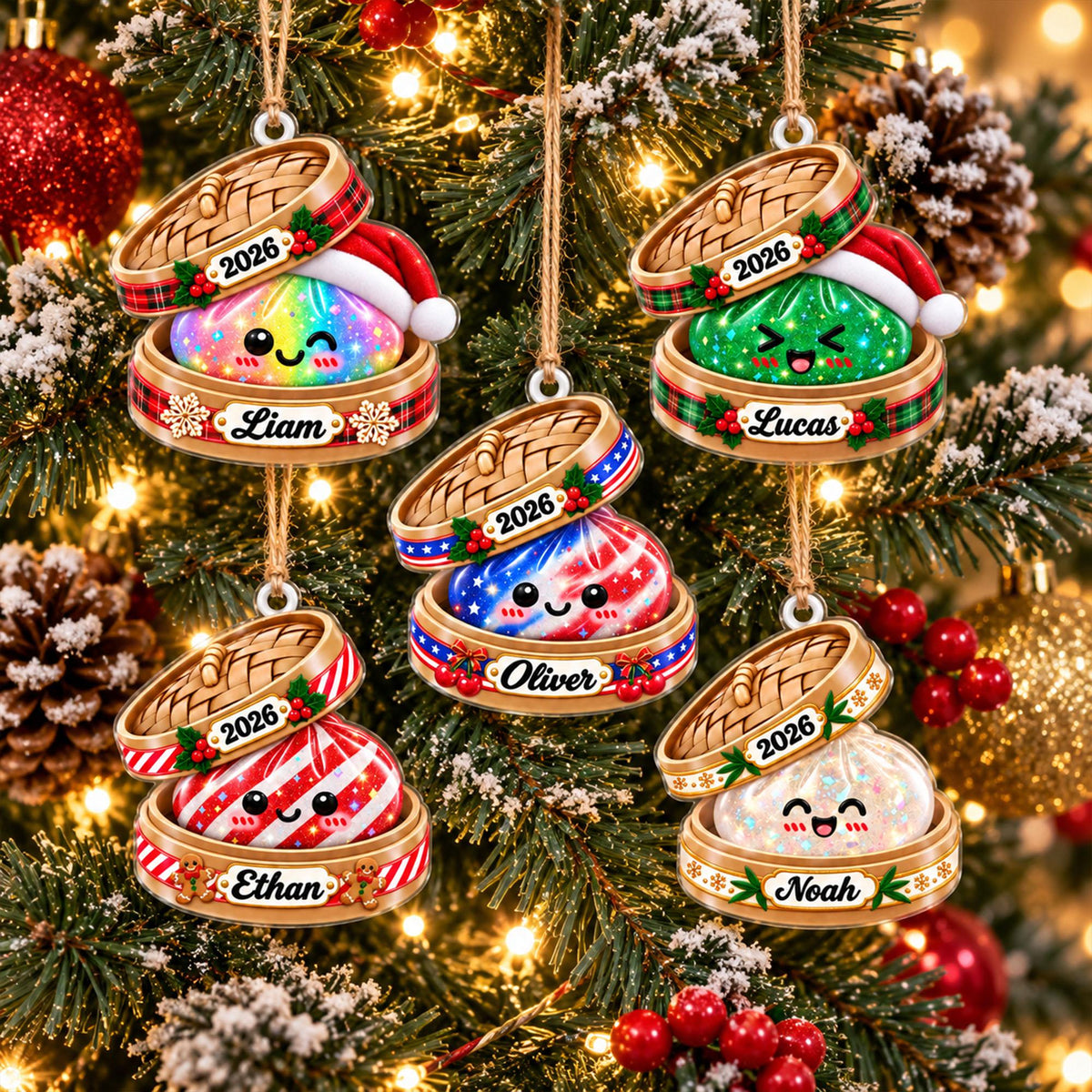 May include: Five round Christmas ornaments shaped like bamboo steamer baskets containing colorful, smiling dumplings. Each ornament features a Santa hat, the year 2026, and a personalized name: Liam, Lucas, Oliver, Ethan, or Noah, hanging by twine.