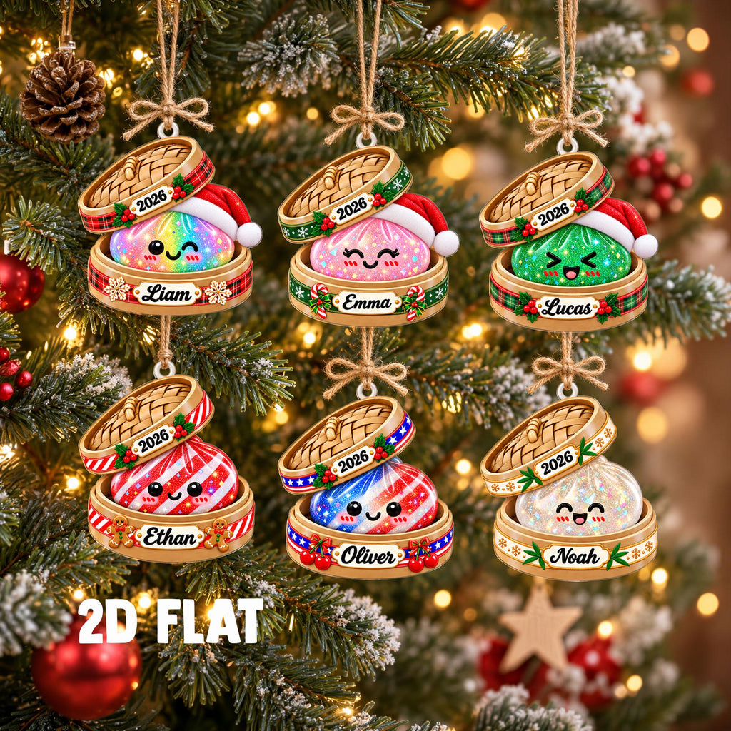 May include: Six hanging Christmas ornaments shaped like bamboo steamers containing colorful, smiling food characters. Each ornament features a red Santa hat, the year 2026, and a personalized name tag reading Liam, Emma, Lucas, Ethan, Oliver, or Noah.