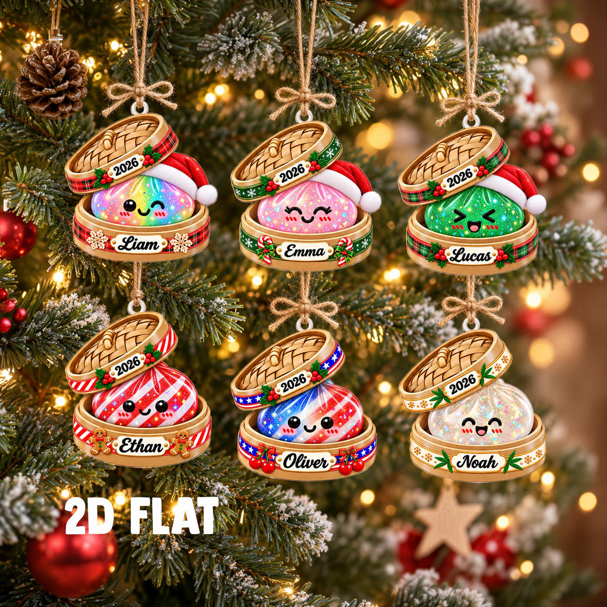 May include: Six hanging Christmas ornaments shaped like bamboo steamers containing colorful, smiling food characters. Each ornament features a red Santa hat, the year 2026, and a personalized name tag reading Liam, Emma, Lucas, Ethan, Oliver, or Noah.