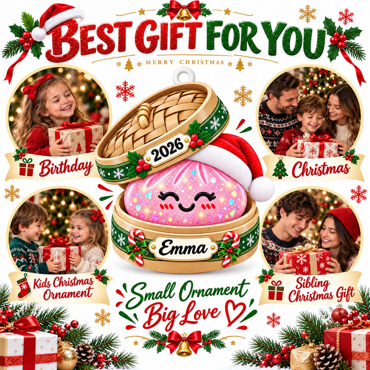 May include: A decorative Christmas ornament featuring a pink, glittery, smiling dumpling inside a bamboo steamer basket. The steamer is adorned with a red Santa hat, the year 2026, and the name Emma, surrounded by festive holiday graphics.