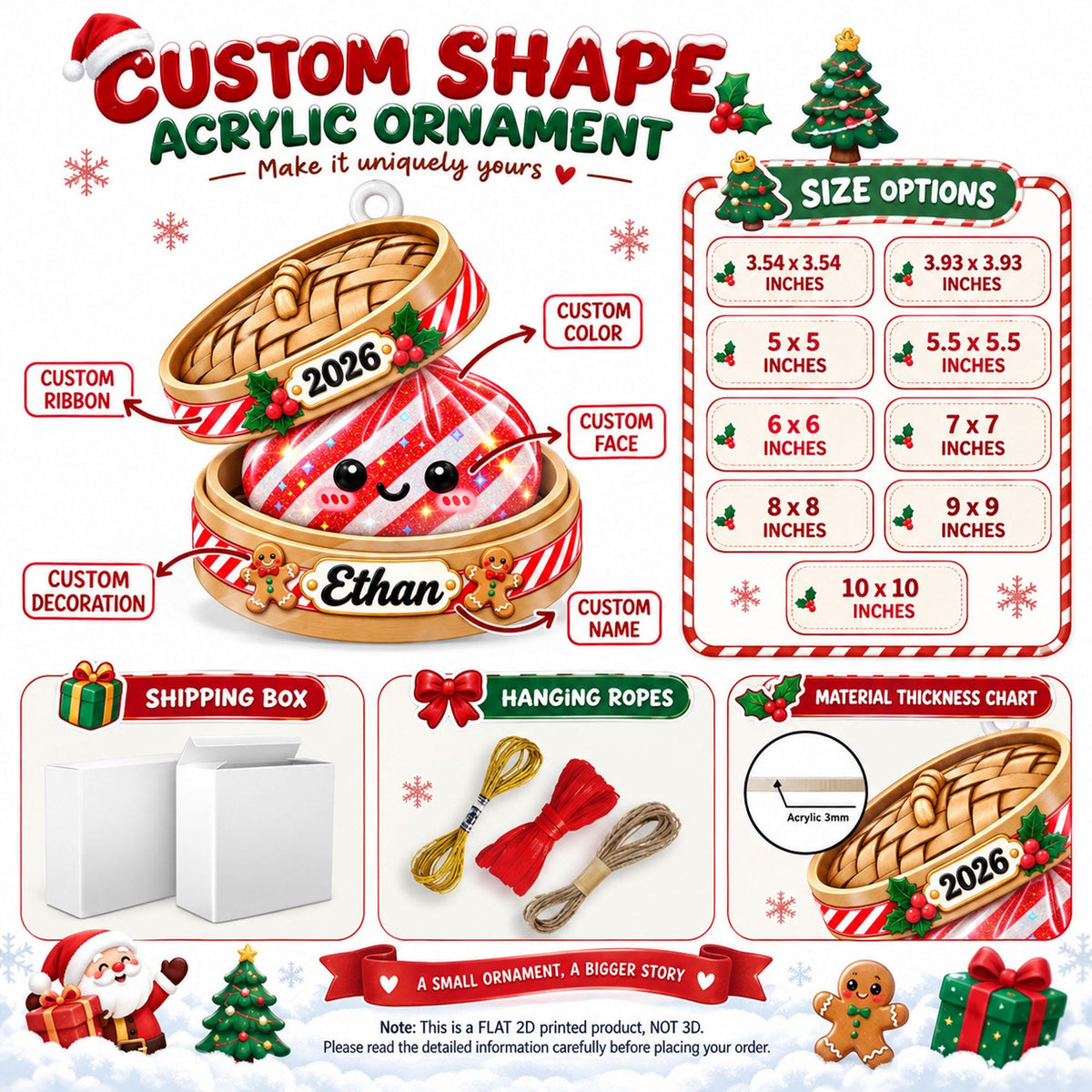 May include: A custom shape acrylic ornament featuring a bamboo steamer design with a red and white striped dumpling, the year 2026, and the name Ethan. Includes size options from 3.54 to 10 inches, hanging ropes, and a 3mm material thickness chart.