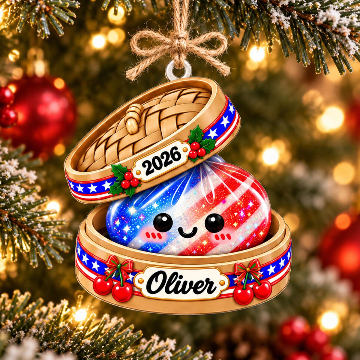 May include: A hanging Christmas ornament shaped like a bamboo steamer basket containing a smiling dumpling with red, white, and blue stripes. The steamer features the year 2026, the name Oliver, and decorative holly and cherry accents.
