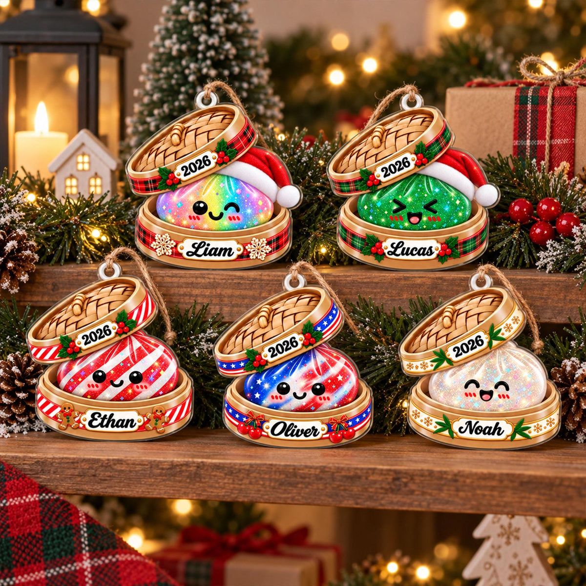 May include: Five Christmas ornaments shaped like bamboo steamers containing colorful, smiling dumplings. Each ornament features the year 2026, a festive border, and a name: Liam, Lucas, Ethan, Oliver, or Noah. The designs include Santa hats and patterns.