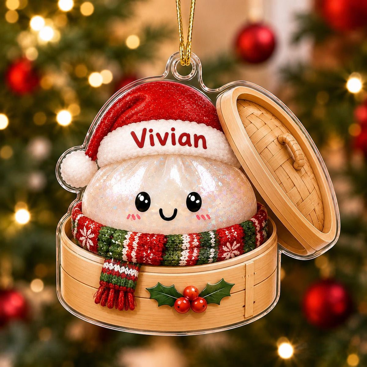 May include: A clear acrylic Christmas ornament shaped like a dumpling in a bamboo steamer. The dumpling wears a red Santa hat with the name Vivian printed on the brim and a red, white, and green knit scarf. The steamer features holly berries.