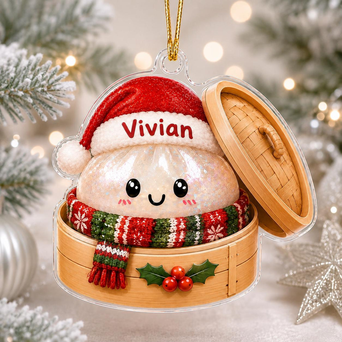 May include: A clear acrylic Christmas ornament shaped like a bamboo steamer containing a smiling dumpling character. The dumpling wears a red Santa hat with the name Vivian printed on it and a red and green patterned scarf. A holly sprig is attached.