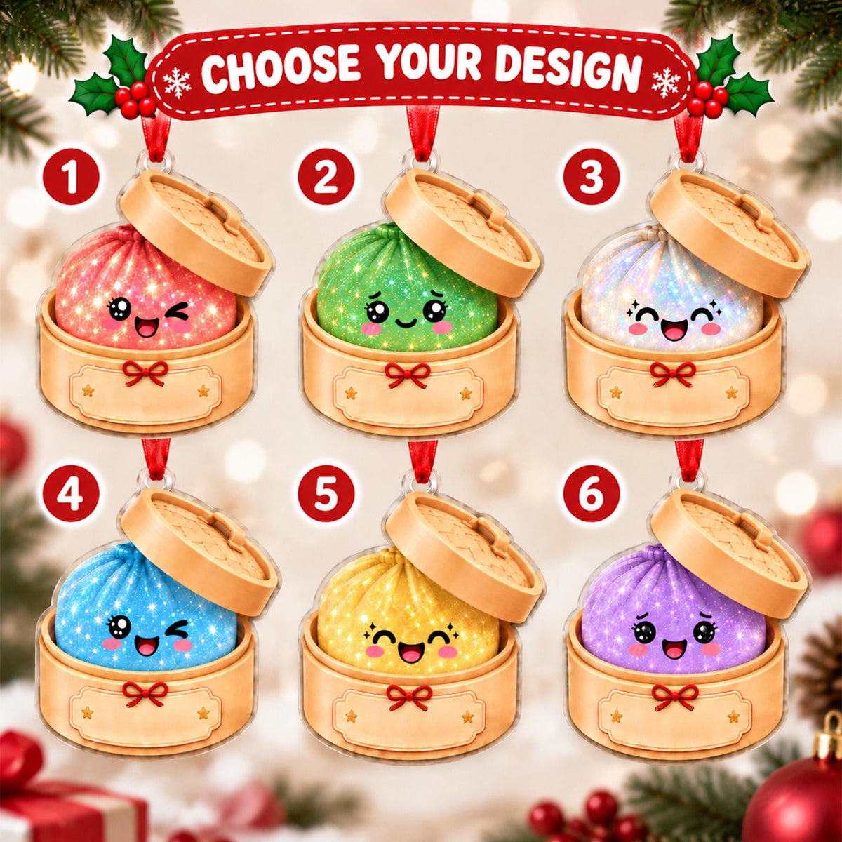 May include: Six hanging ornaments featuring a bamboo steamer basket containing a glittery, smiling dumpling character. Each ornament is numbered one through six and displays a different color: red, green, white, blue, yellow, and purple. Text reads CHOOSE YOUR DESIGN.