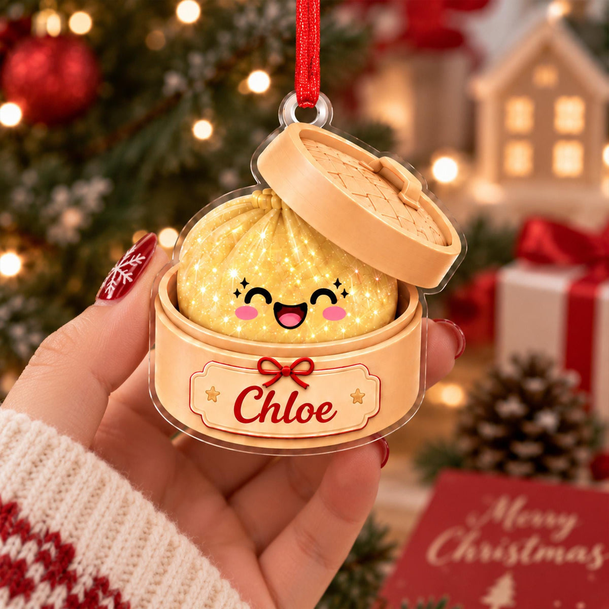 May include: A clear acrylic Christmas ornament shaped like a bamboo steamer basket containing a golden dumpling with a smiling face. The base features a red bow and the name Chloe printed in red script. A red ribbon loop is attached for hanging.