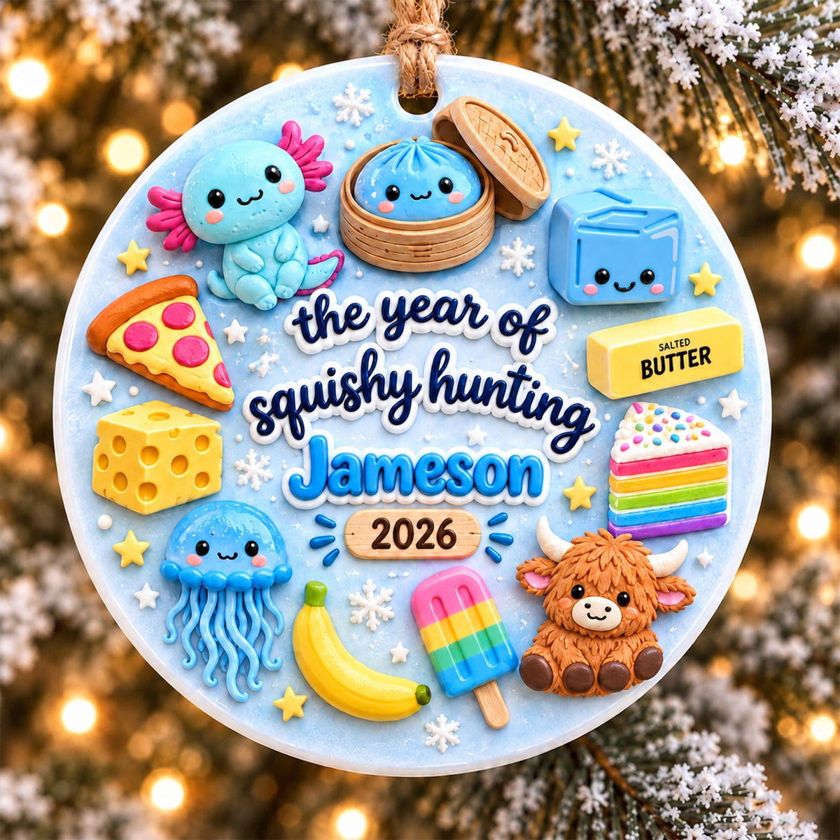 May include: A round ceramic ornament with a light blue background featuring the text "the year of squishy hunting Jameson 2026". It is decorated with 3D-style figures including an axolotl, a dumpling, a blue cube, pizza, butter, cheese, cake, a jellyfish, a banana, a popsicle, and a highland cow.