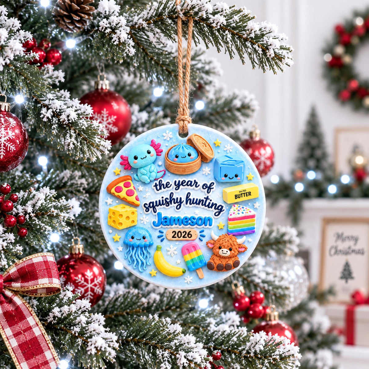 May include: A round white ceramic Christmas ornament hanging by a jute string. It features colorful 3D-style illustrations of food and creatures, with the text "the year of squishy hunting", the name "Jameson", and the year "2026" printed in the center.