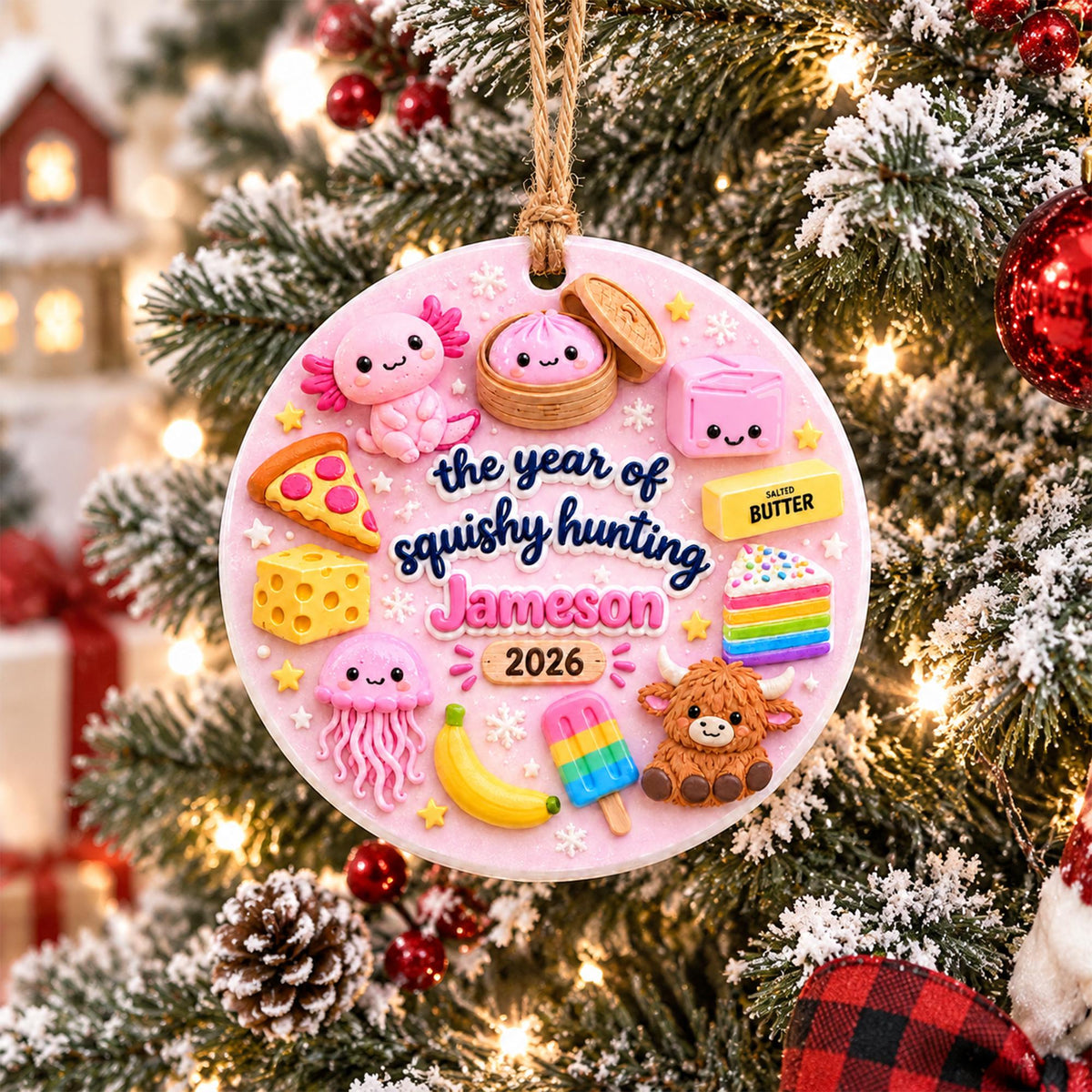 May include: A round, light pink Christmas ornament featuring the text "the year of squishy hunting Jameson 2026" surrounded by miniature 3D-style figures including an axolotl, a dumpling, a pizza slice, cheese, butter, a rainbow cake, a jellyfish, a banana, a popsicle, and a highland cow.