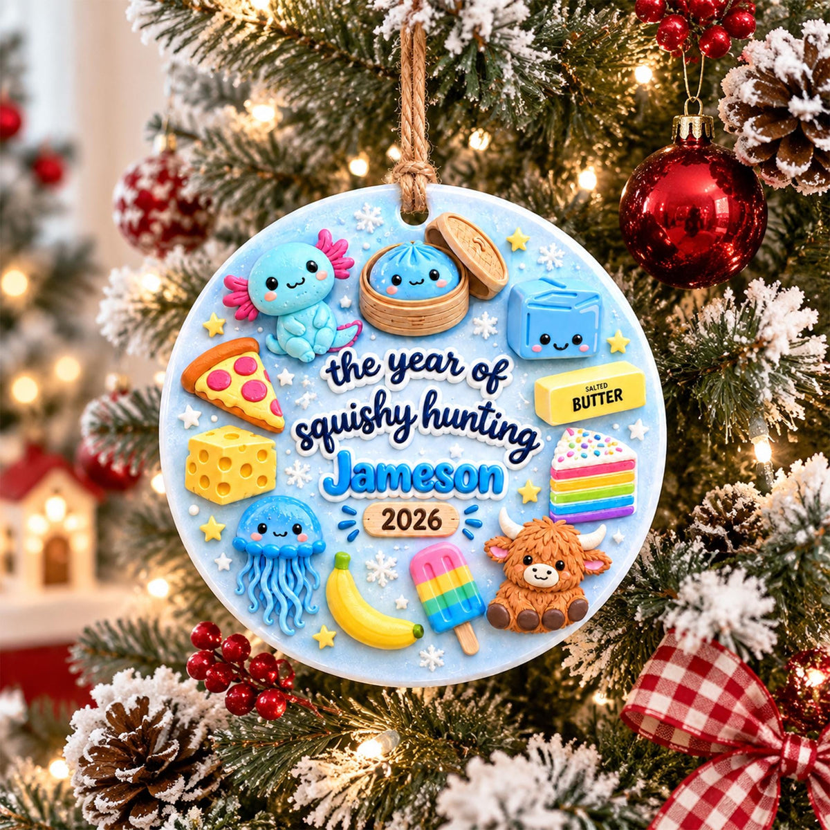 May include: A round, light blue Christmas ornament featuring a jute hanging string and various 3D-style icons including an axolotl, dumpling, cheese, pizza, jellyfish, banana, popsicle, and highland cow. Text reads: the year of squishy hunting Jameson 2026.