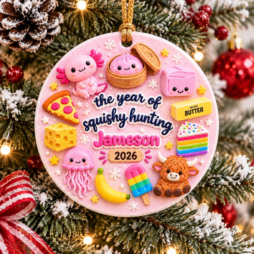 May include: A round pink Christmas ornament featuring raised 3D figures including an axolotl, a dumpling, a cube, a pizza slice, a block of salted butter, cheese, a rainbow cake, a jellyfish, a banana, a popsicle, and a highland cow. Text reads: the year of squishy hunting Jameson 2026.