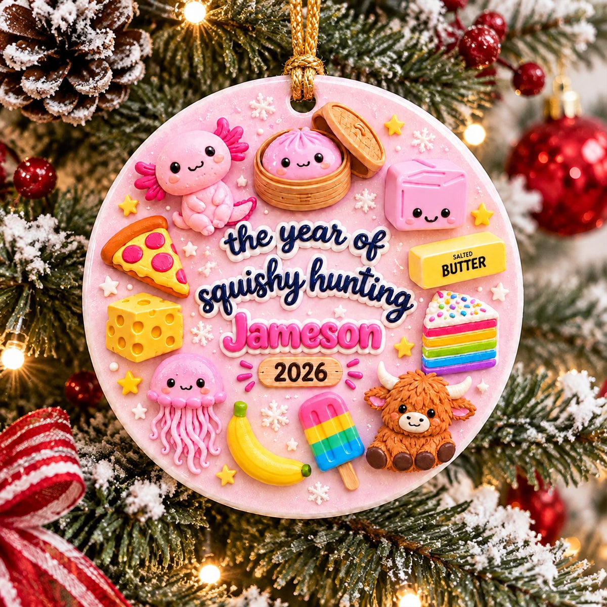 May include: A round pink Christmas ornament featuring raised 3D figures including an axolotl, a dumpling, a cube, a pizza slice, a block of salted butter, cheese, a rainbow cake, a jellyfish, a banana, a popsicle, and a highland cow. Text reads: the year of squishy hunting Jameson 2026.