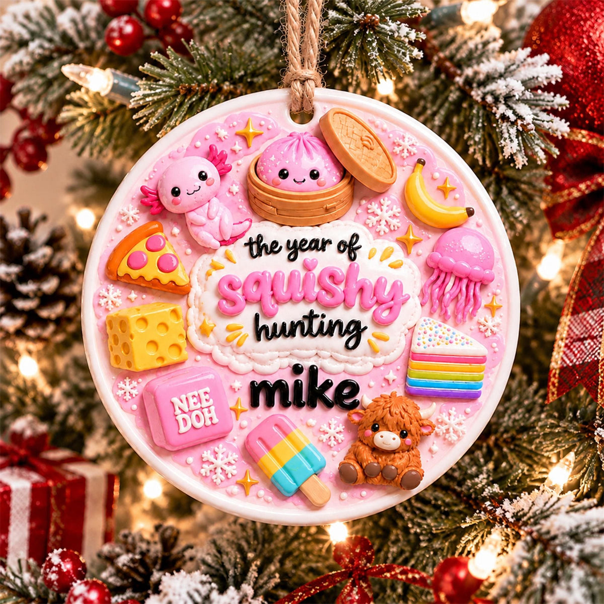 May include: A round white ornament featuring a pink background with various miniature figures including an axolotl, a dumpling, a banana, a jellyfish, a slice of pizza, a block of cheese, a rainbow cake, a Nee Doh cube, a popsicle, and a highland cow. The text reads "the year of squishy hunting mike".