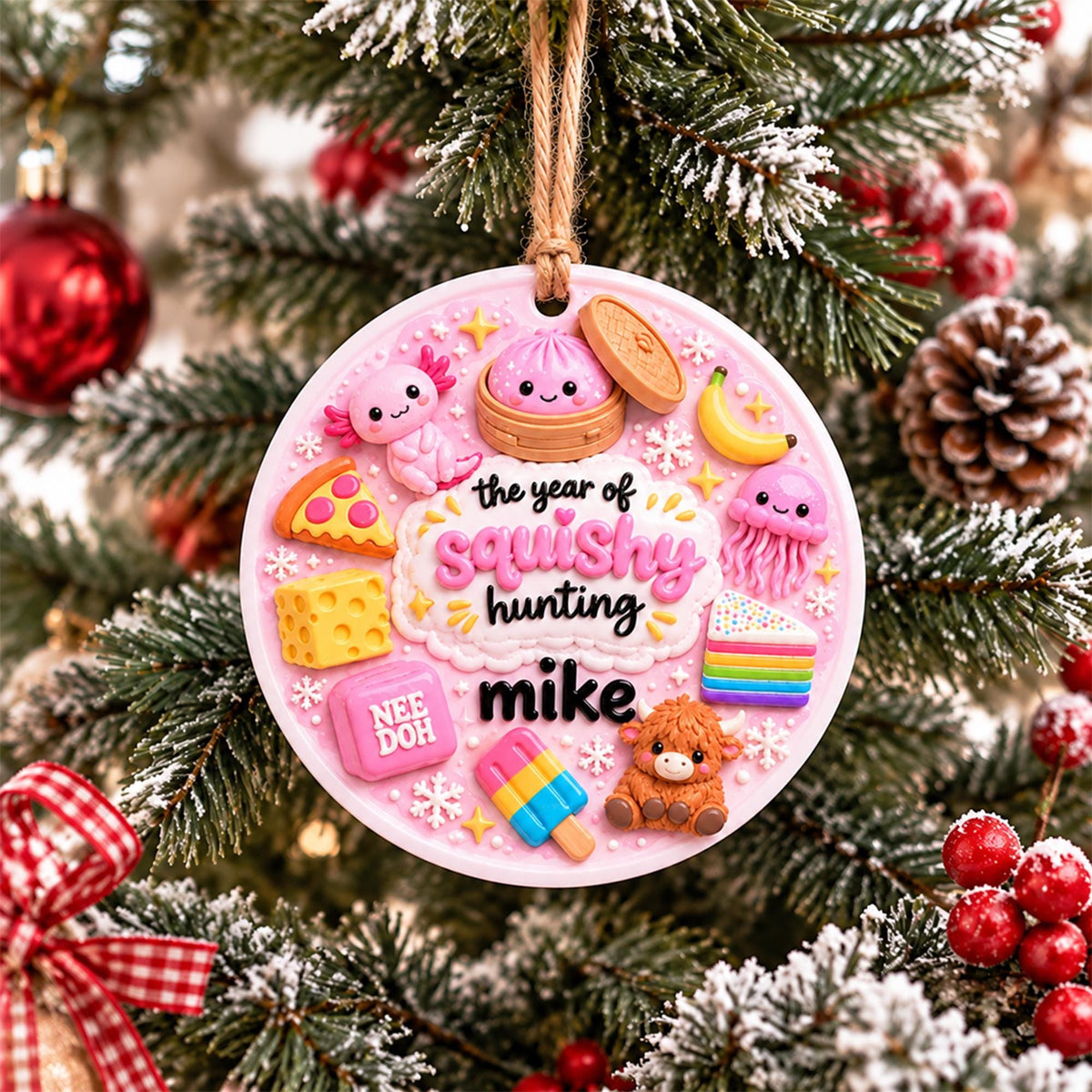 May include: A round, light pink Christmas ornament featuring a jute twine hanger and various raised, colorful miniature figures including an axolotl, a dumpling, a slice of pizza, a banana, a jellyfish, cheese, cake, a popsicle, and a highland cow. The text reads "the year of squishy hunting mike".