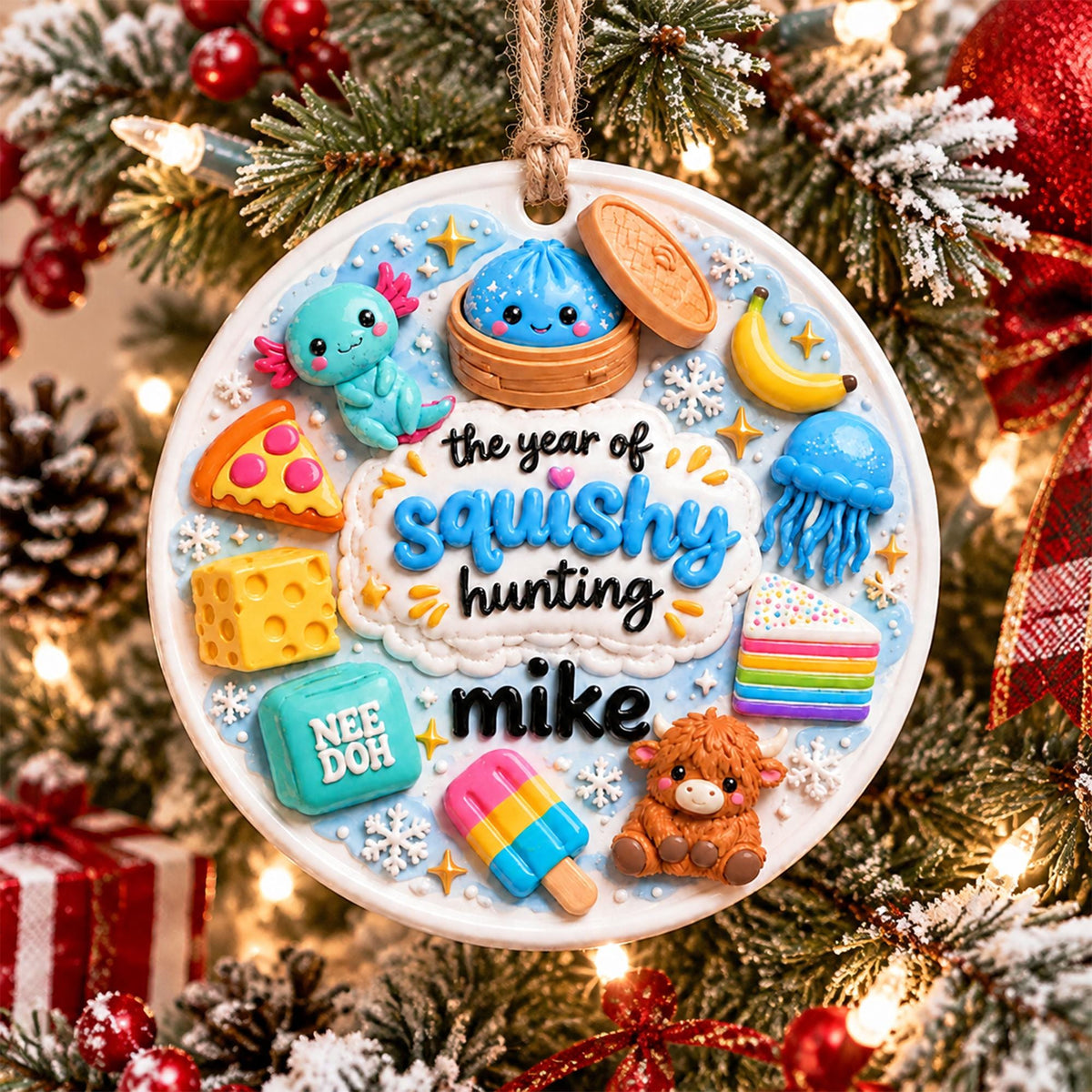 May include: A round white ceramic ornament featuring a light blue background with raised colorful figures including an axolotl, a dumpling, a banana, a slice of pizza, a block of cheese, a jellyfish, a rainbow cake, a popsicle, and a highland cow. The text reads the year of squishy hunting mike.
