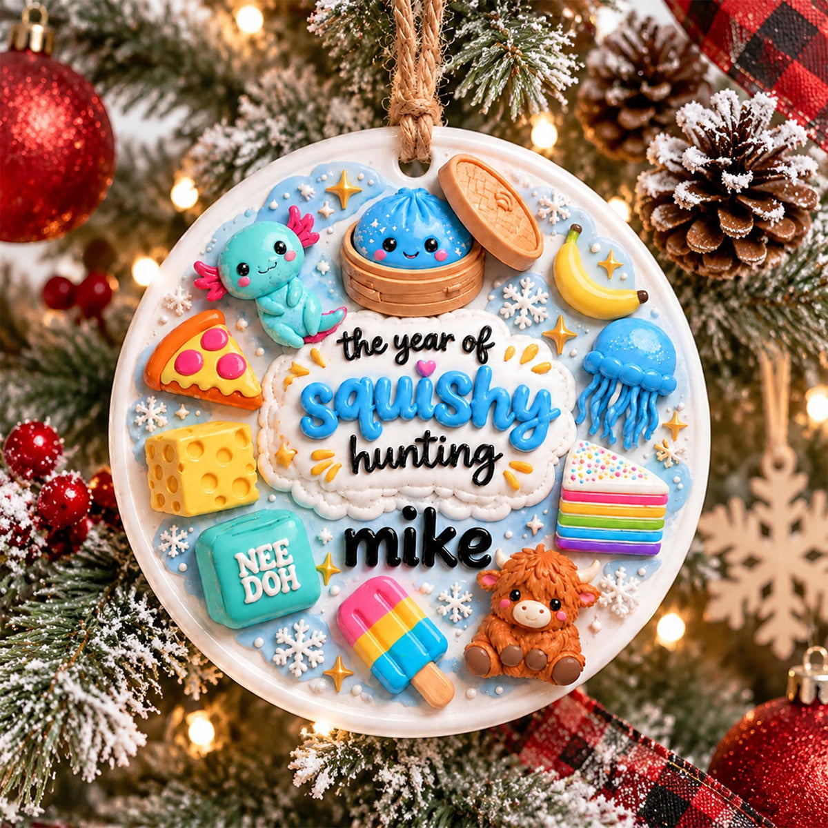 May include: A round white Christmas ornament featuring a light blue background with various colorful miniature figures including an axolotl, a dumpling, a banana, a jellyfish, a slice of pizza, a block of cheese, a rainbow cake, a popsicle, and a highland cow. The center text reads: the year of squishy hunting mike.