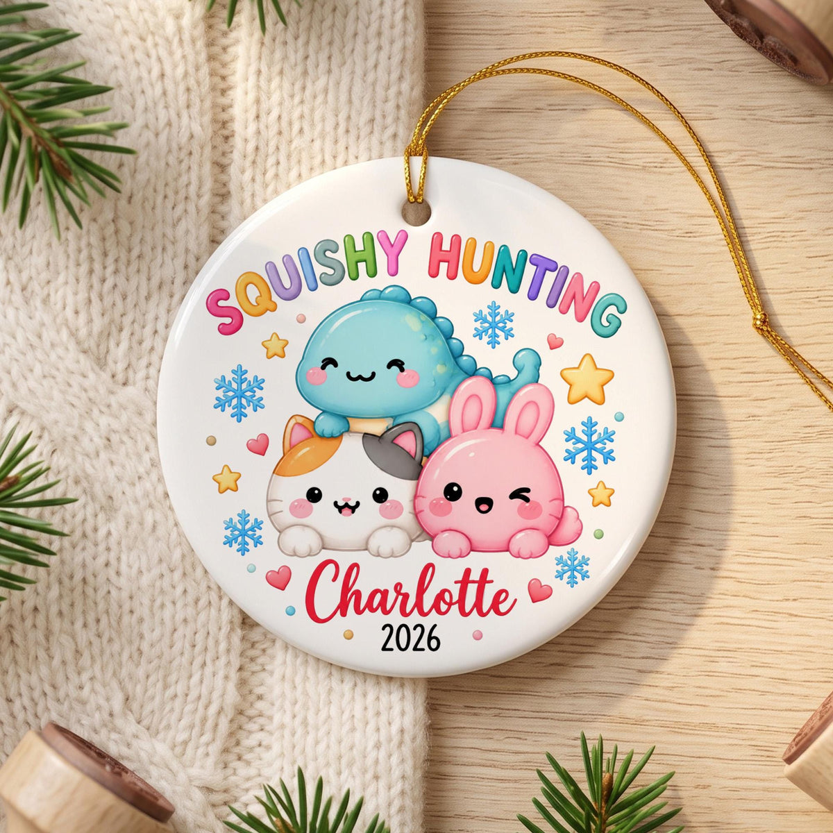 Personalized Squishy Hunting Christmas Ornament, Custom Kids Name Xmas Ornament 2026, Squishy Hunting Kawaii Ornament