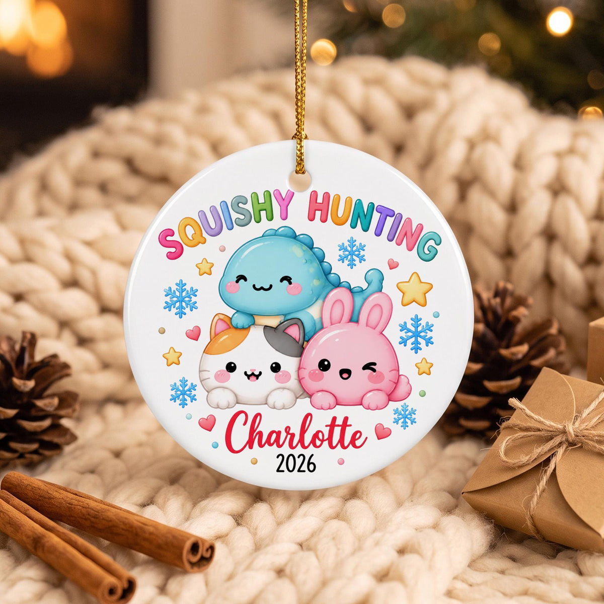 Personalized Squishy Hunting Christmas Ornament, Custom Kids Name Xmas Ornament 2026, Squishy Hunting Kawaii Ornament image 1