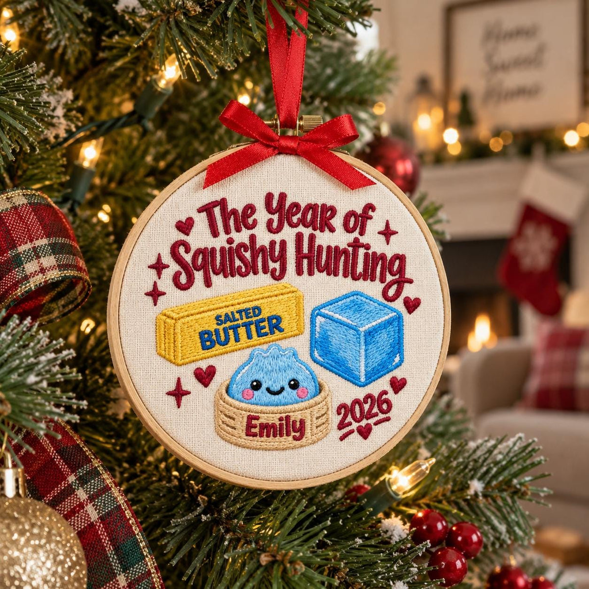 May include: A round embroidery hoop ornament featuring the text The Year of Squishy Hunting, Emily, and 2026. The design includes a yellow stick of salted butter, a blue cube, and a blue dumpling in a bamboo steamer, topped with a red ribbon.