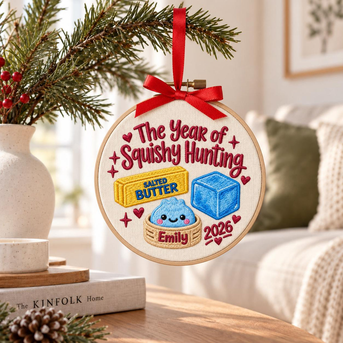 May include: A round embroidery hoop ornament featuring the text The Year of Squishy Hunting, a yellow stick of salted butter, a blue cube, and a blue dumpling in a bamboo steamer. The name Emily and the year 2026 are stitched in red.