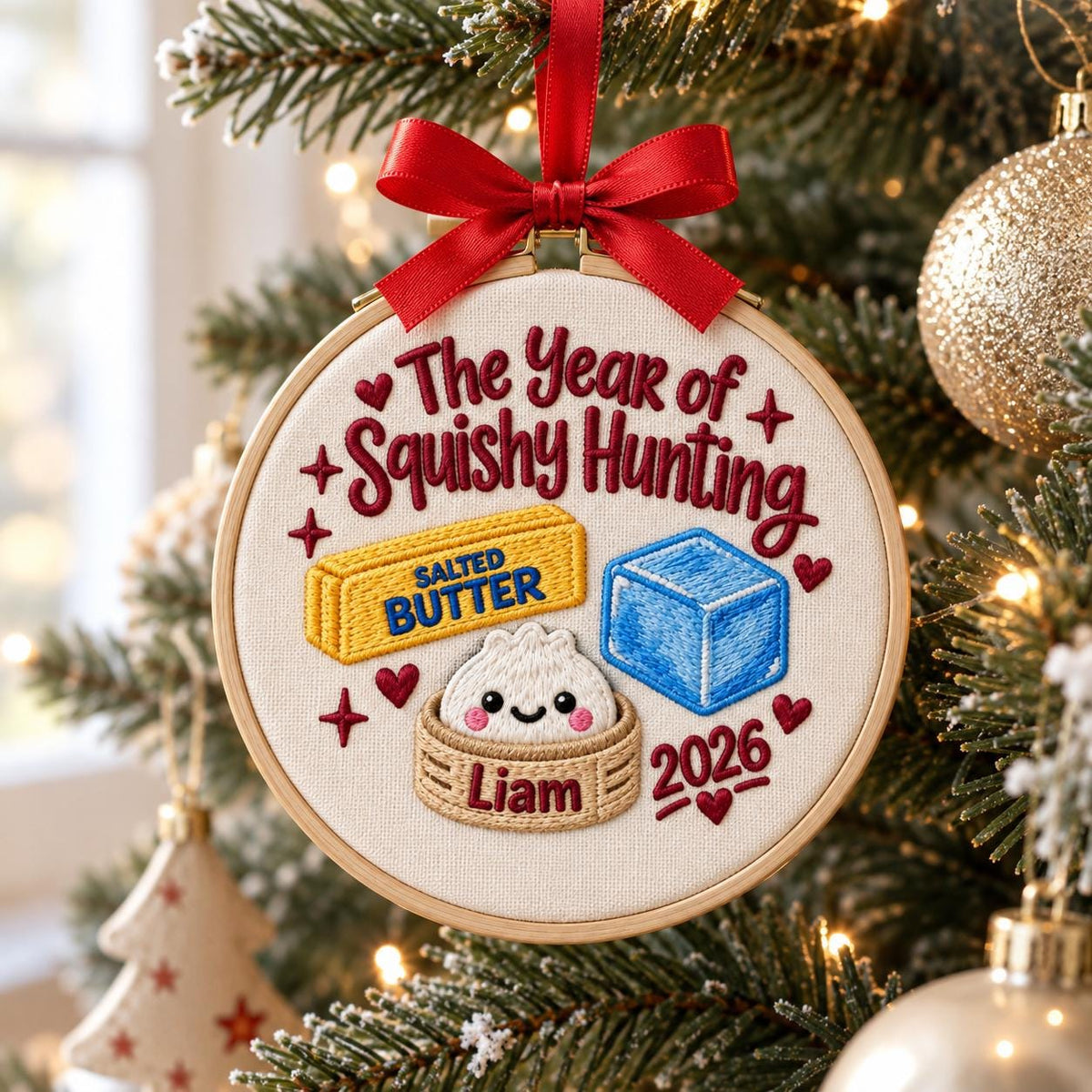 May include: A round embroidery hoop ornament featuring the text The Year of Squishy Hunting, a yellow stick of salted butter, a blue cube, and a smiling dumpling in a steamer basket labeled Liam 2026, topped with a red satin ribbon bow.