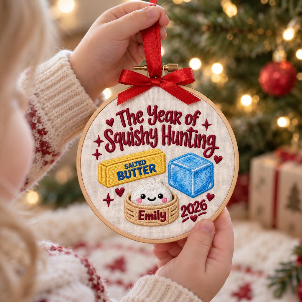 May include: A round embroidery hoop ornament featuring the text The Year of Squishy Hunting, a yellow stick of salted butter, a blue cube, and a smiling dumpling in a bamboo steamer labeled Emily, with the year 2026 and a red ribbon bow on top.