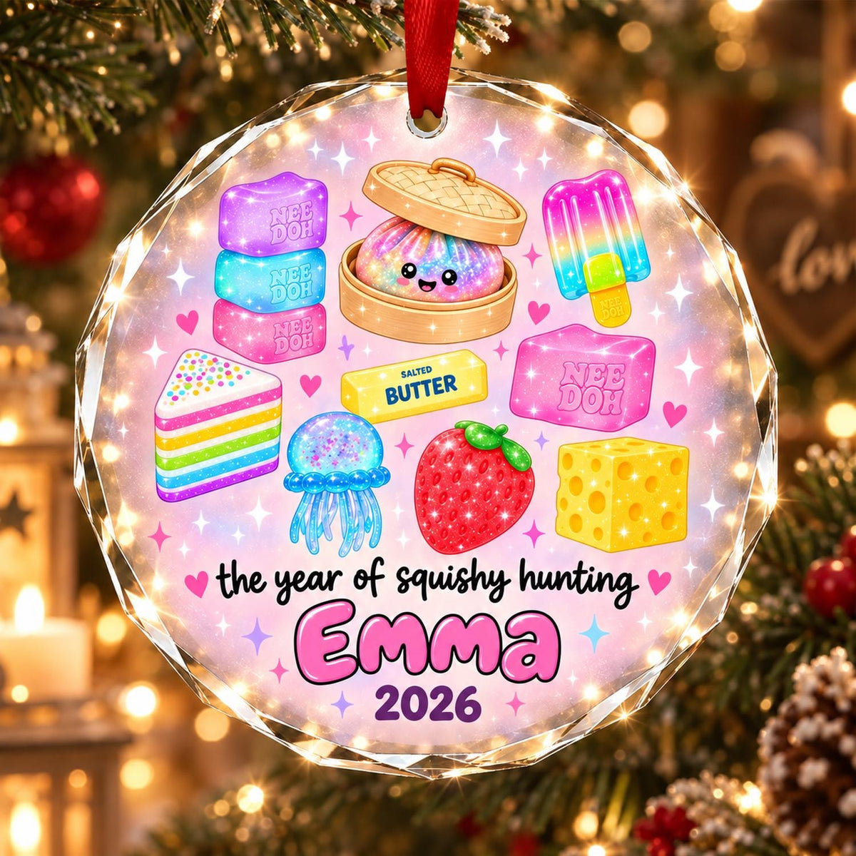 May include: A round, faceted glass ornament featuring colorful illustrations of squishy toys, including a dumpling, popsicle, cake, jellyfish, strawberry, cheese, and butter. The text reads, the year of squishy hunting, Emma, 2026.