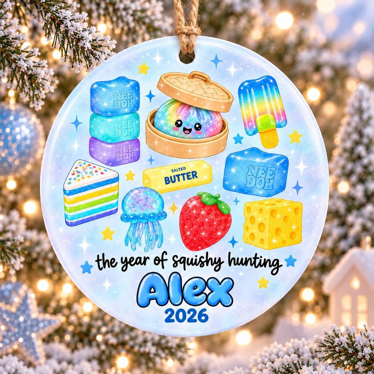 May include: A round ceramic ornament featuring colorful illustrations of a rainbow cake, a jellyfish, a strawberry, cheese, butter, and squishy toys. The text reads "the year of squishy hunting", "Alex", and "2026" against a light blue background.