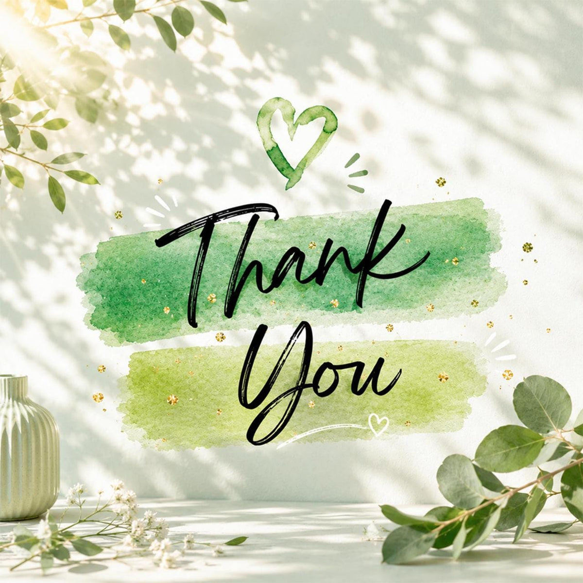 May include: A decorative card featuring the black handwritten text Thank You centered over two horizontal green watercolor brush strokes. A small green heart icon sits above the text, accented by gold glitter flecks and light leaf shadows.