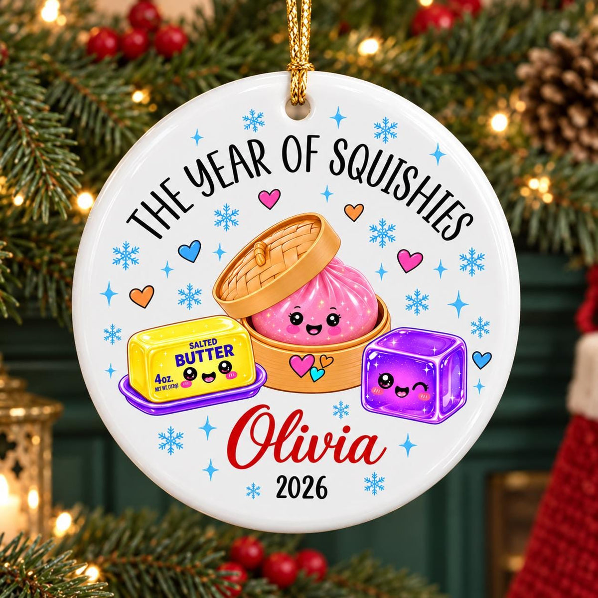 May include: A white ceramic round ornament featuring the text THE YEAR OF SQUISHIES, Olivia, and 2026. The design includes a pink dumpling in a bamboo steamer, a yellow stick of salted butter, and a purple cube, all with cute faces, surrounded by blue snowflakes and colorful hearts.