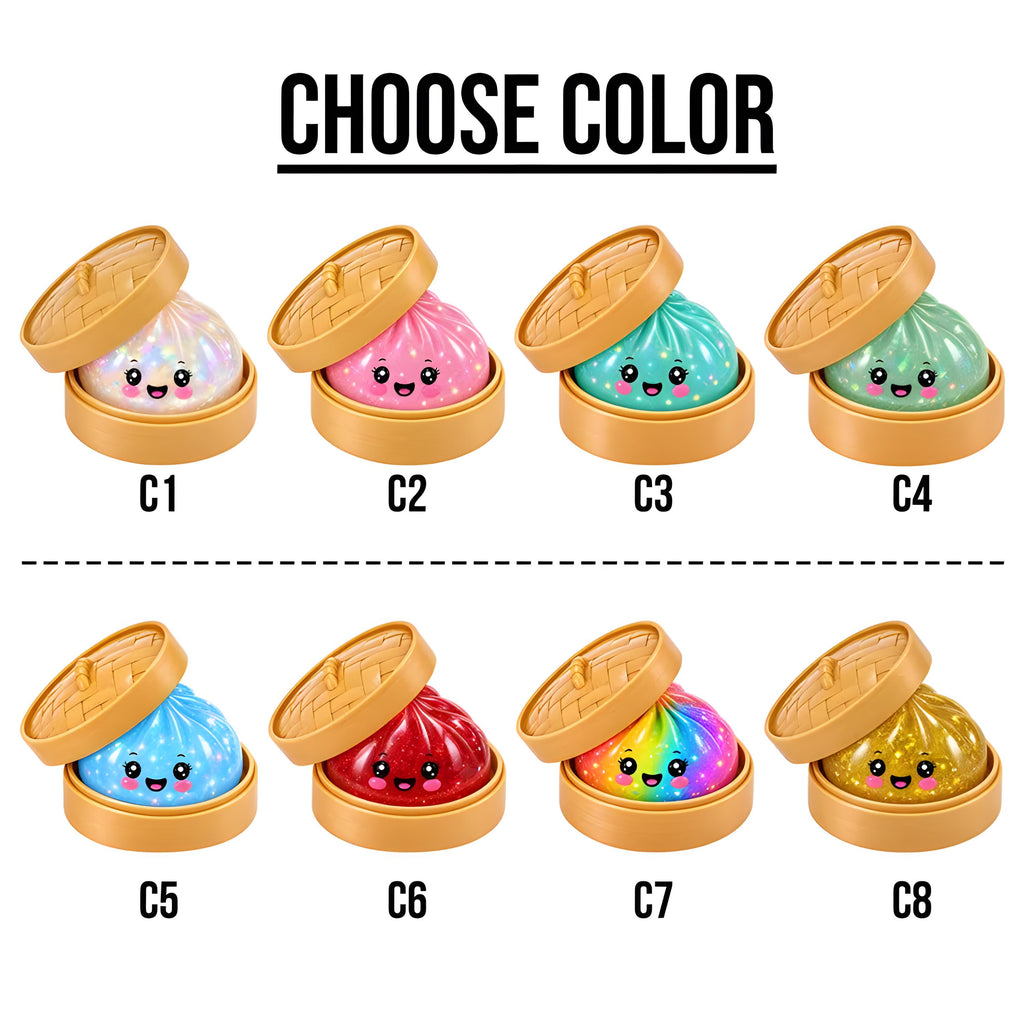 May include: Eight round, squishy dumpling toys with smiling faces, each nestled in a tan bamboo steamer basket. The dumplings come in various colors including iridescent white, pink, teal, green, blue, red, rainbow, and gold with glitter accents.