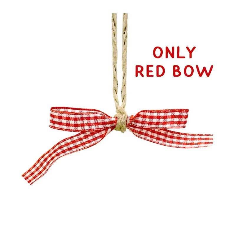 May include: A red and white gingham ribbon tied into a bow, suspended by a natural tan jute twine loop. The text "ONLY RED BOW" is printed in red capital letters to the right of the twine. The bow features a classic checkered pattern.