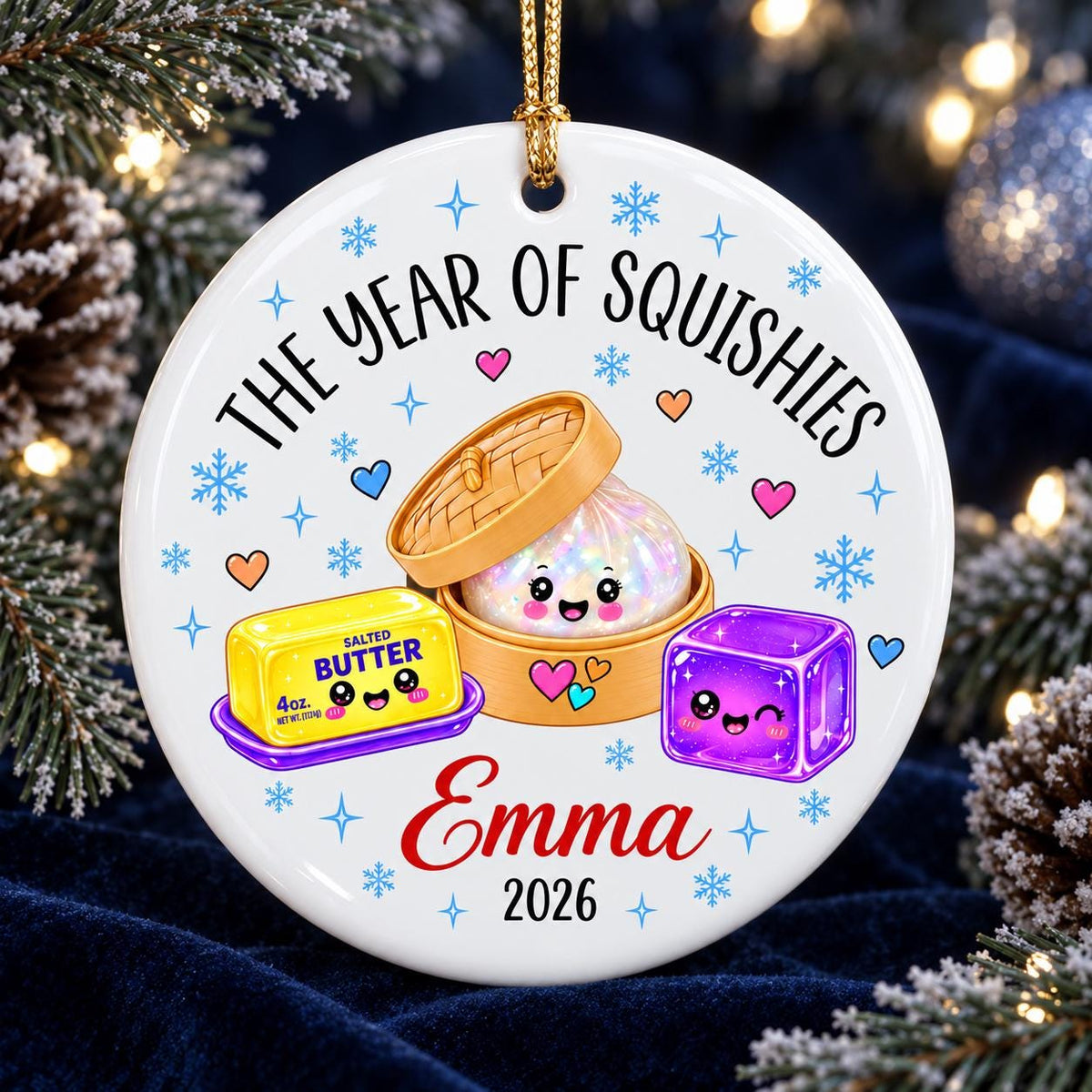 May include: A round white ceramic ornament featuring the text THE YEAR OF SQUISHIES, a cartoon dumpling in a bamboo steamer, a yellow stick of salted butter, and a purple cube. The name Emma and the year 2026 are printed in red and black text.