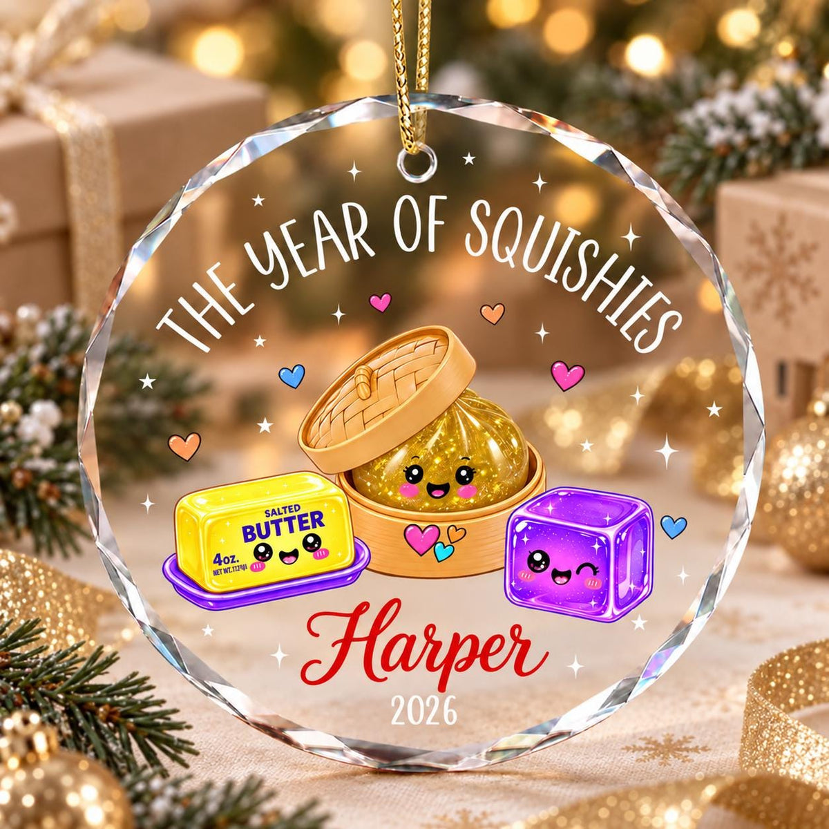 May include: A round, faceted glass ornament featuring the text THE YEAR OF SQUISHIES, the name Harper, and the year 2026. The design includes cartoon illustrations of a stick of butter, a dumpling in a steamer, and a purple cube with faces.