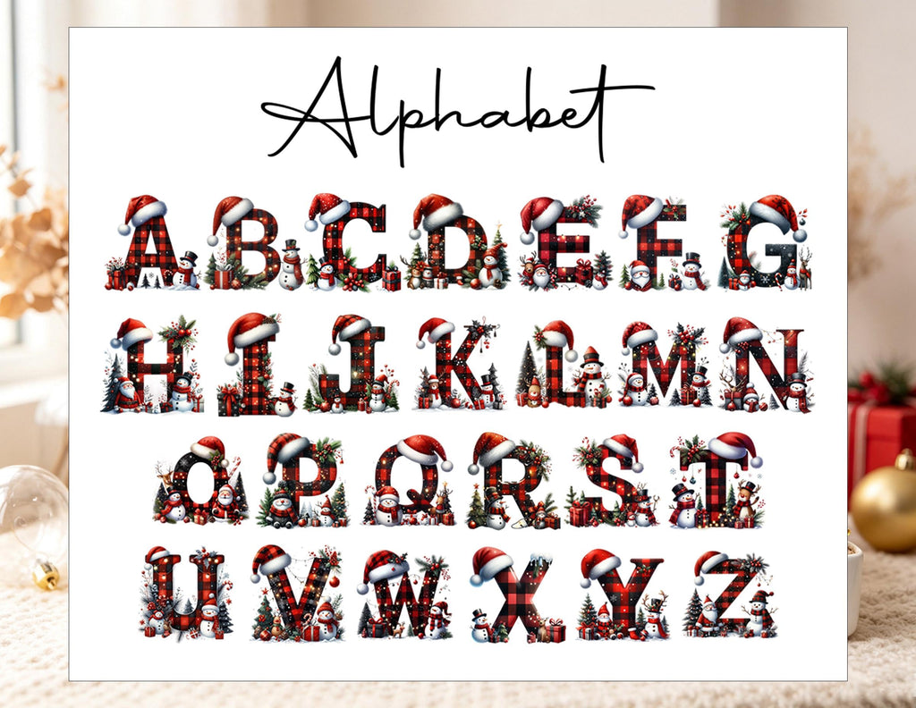 May include: A digital alphabet graphic featuring letters A through Z in a red and black buffalo plaid pattern. Each letter is adorned with a red and white Santa hat and surrounded by festive holiday elements like snowmen, pine trees, and gifts.