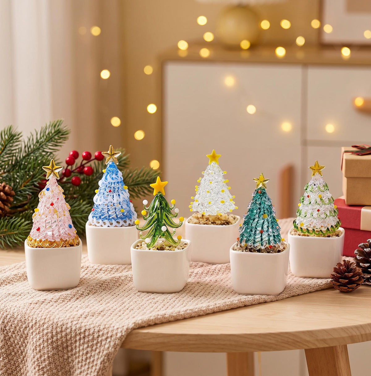 May include: Six miniature glass Christmas trees in white square pots. Each tree features a unique color, including pink, blue, green, clear, teal, and white, with small colored glass ornaments and a gold or yellow star topper on each tree.